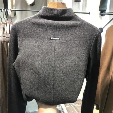 Joskaa-Double Velour Half High Neck Bottoming Women Tshirt Autumn Winter Long Sleeve Thicken T-shirts Causal Solid Slim Basic Tops