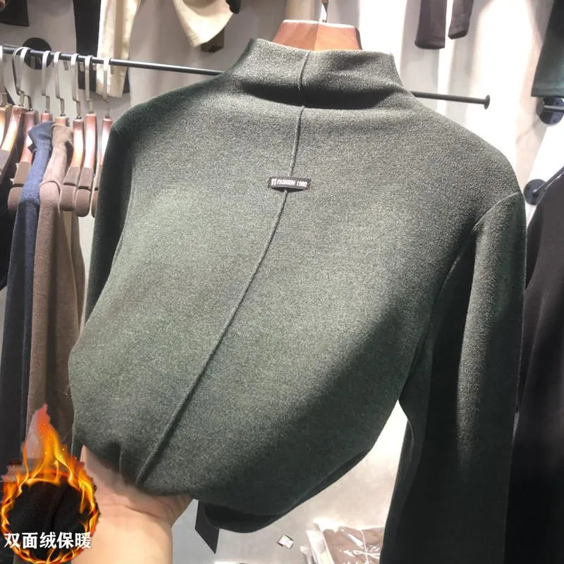 Joskaa-Double Velour Half High Neck Bottoming Women Tshirt Autumn Winter Long Sleeve Thicken T-shirts Causal Solid Slim Basic Tops