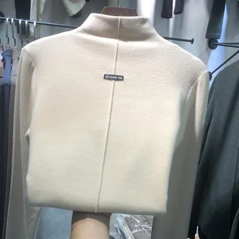 Joskaa-Double Velour Half High Neck Bottoming Women Tshirt Autumn Winter Long Sleeve Thicken T-shirts Causal Solid Slim Basic Tops