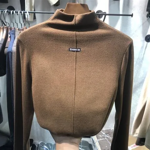 Joskaa-Double Velour Half High Neck Bottoming Women Tshirt Autumn Winter Long Sleeve Thicken T-shirts Causal Solid Slim Basic Tops