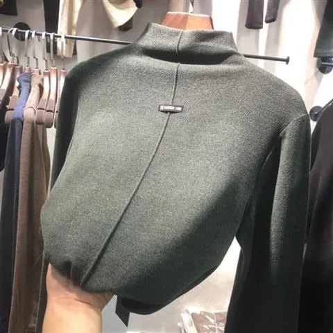 Joskaa-Double Velour Half High Neck Bottoming Women Tshirt Autumn Winter Long Sleeve Thicken T-shirts Causal Solid Slim Basic Tops