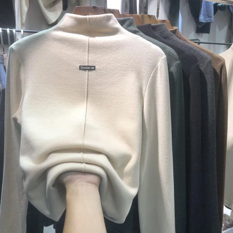 Joskaa-Double Velour Half High Neck Bottoming Women Tshirt Autumn Winter Long Sleeve Thicken T-shirts Causal Solid Slim Basic Tops