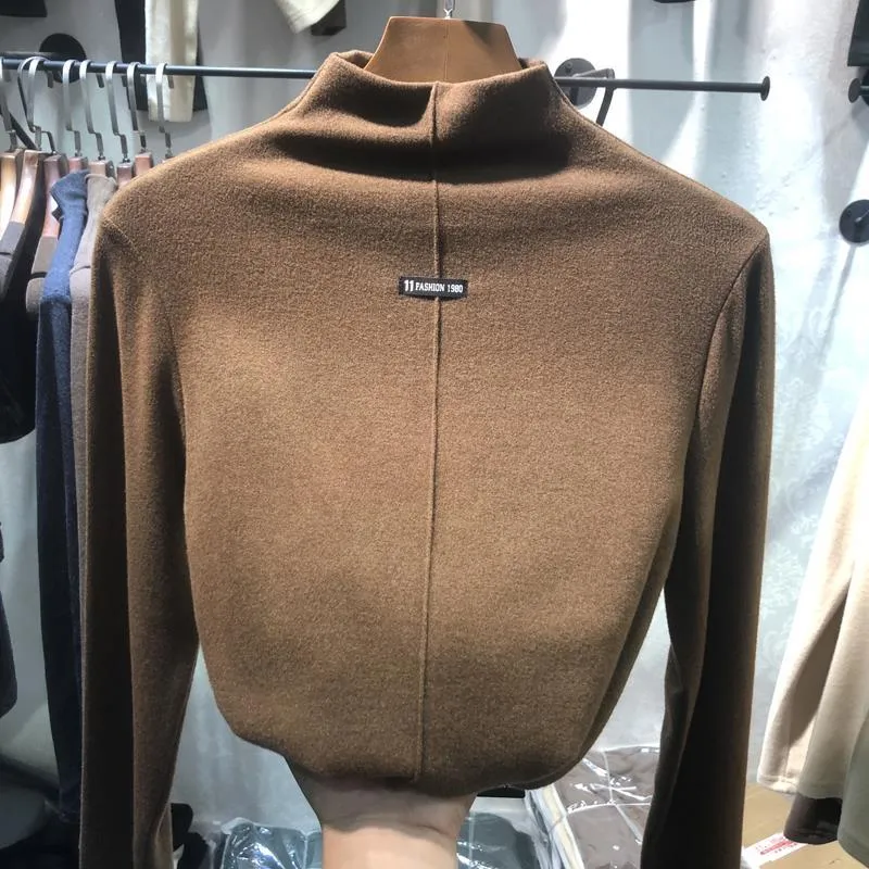 Joskaa-Double Velour Half High Neck Bottoming Women Tshirt Autumn Winter Long Sleeve Thicken T-shirts Causal Solid Slim Basic Tops