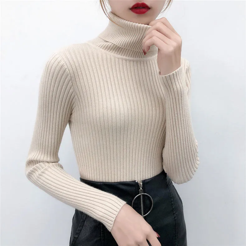 Joskaa Women's Turtleneck Sweater Autumn Winter Long Sleeve Knitted Pullover Fashion Solid Color Slim Elastic Thick Short Jumper Female