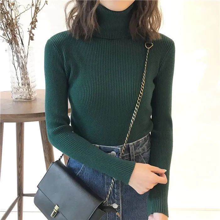 Joskaa Women's Turtleneck Sweater Autumn Winter Long Sleeve Knitted Pullover Fashion Solid Color Slim Elastic Thick Short Jumper Female