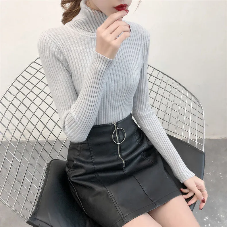 Joskaa Women's Turtleneck Sweater Autumn Winter Long Sleeve Knitted Pullover Fashion Solid Color Slim Elastic Thick Short Jumper Female