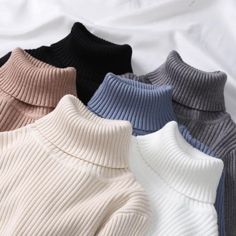Joskaa Women's Turtleneck Sweater Autumn Winter Long Sleeve Knitted Pullover Fashion Solid Color Slim Elastic Thick Short Jumper Female