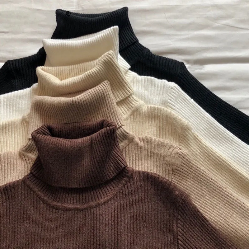 Joskaa Women's Turtleneck Sweater Autumn Winter Long Sleeve Knitted Pullover Fashion Solid Color Slim Elastic Thick Short Jumper Female
