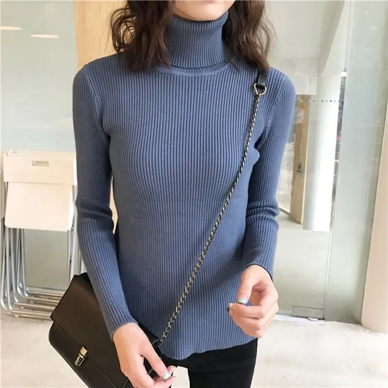 Joskaa Women's Turtleneck Sweater Autumn Winter Long Sleeve Knitted Pullover Fashion Solid Color Slim Elastic Thick Short Jumper Female