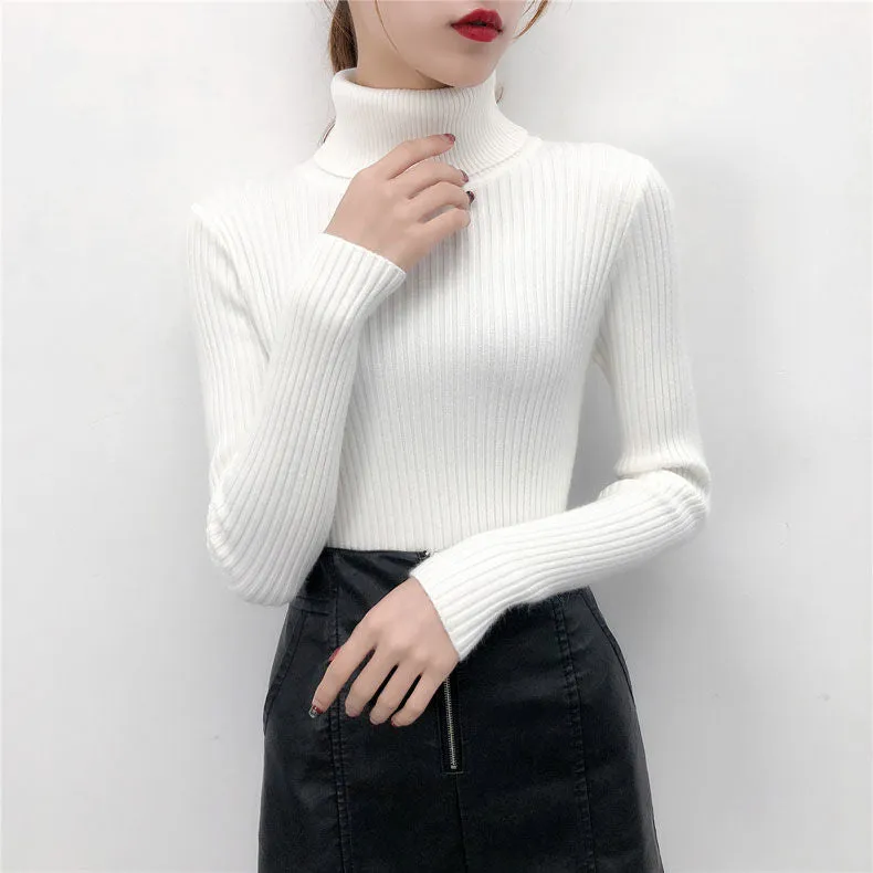 Joskaa Women's Turtleneck Sweater Autumn Winter Long Sleeve Knitted Pullover Fashion Solid Color Slim Elastic Thick Short Jumper Female