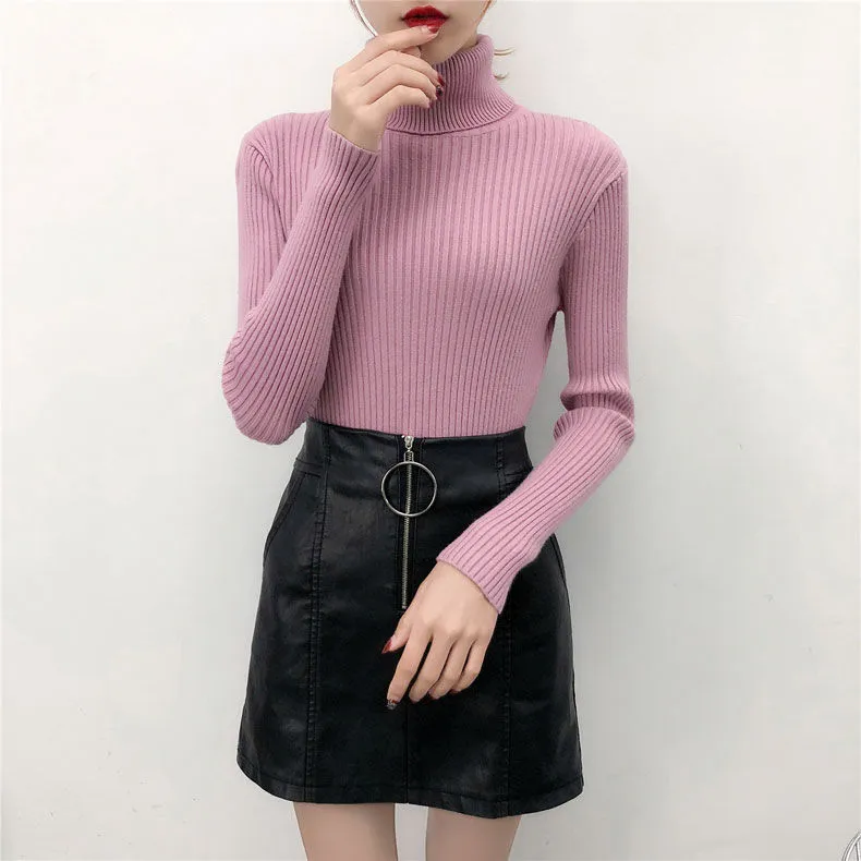 Joskaa Women's Turtleneck Sweater Autumn Winter Long Sleeve Knitted Pullover Fashion Solid Color Slim Elastic Thick Short Jumper Female
