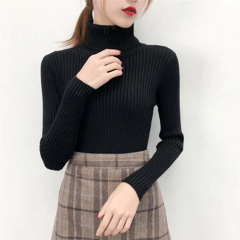 Joskaa Women's Turtleneck Sweater Autumn Winter Long Sleeve Knitted Pullover Fashion Solid Color Slim Elastic Thick Short Jumper Female