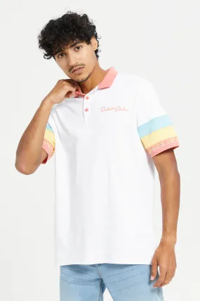 Men White Color Block Polo Shirt