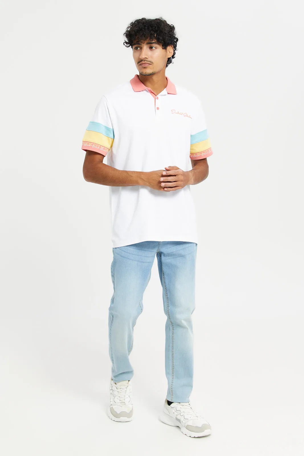 Men White Color Block Polo Shirt
