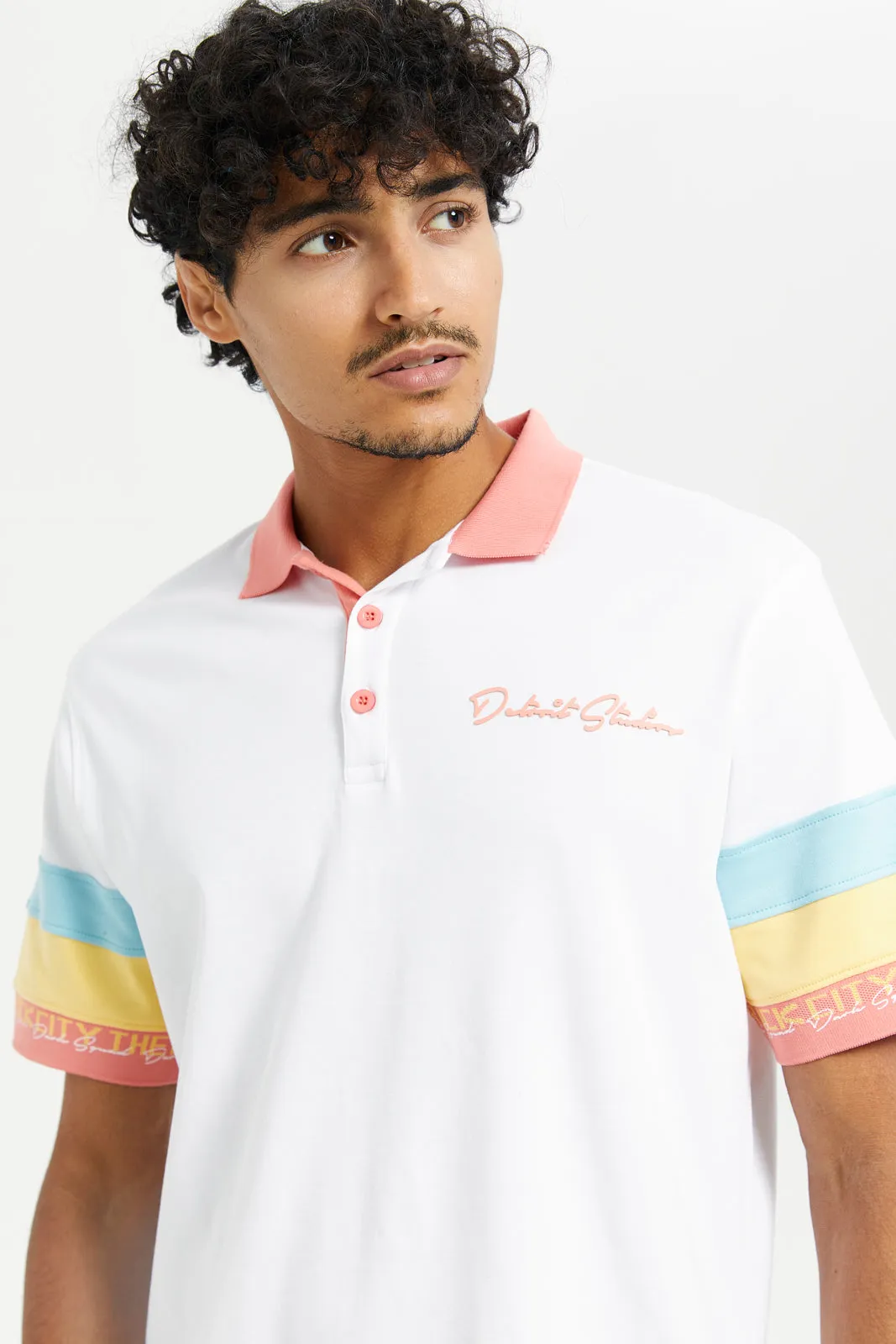 Men White Color Block Polo Shirt