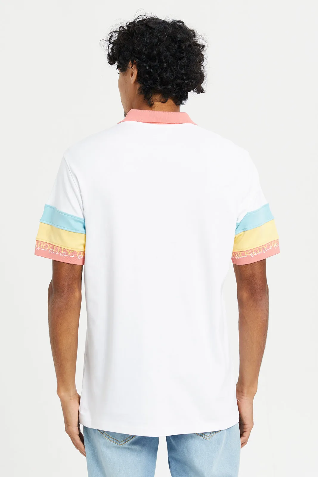 Men White Color Block Polo Shirt