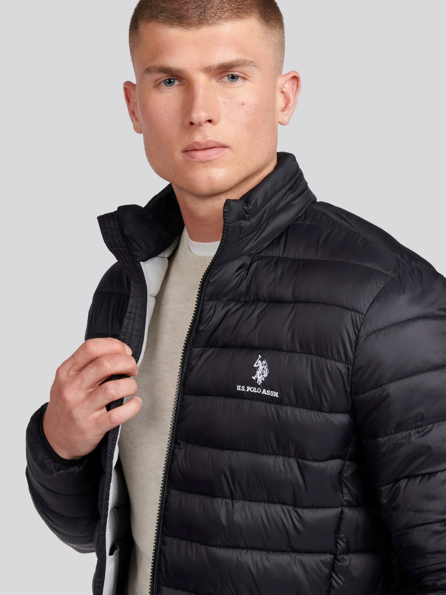 Mens Lightweight Bound Quilted Jacket in Black Bright White DHM
