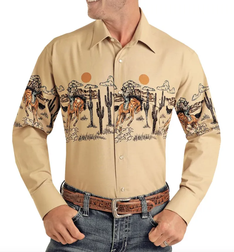 SMN2S03217 - Men's Panhandle Bronc Border Print Snap Shirt - Tan
