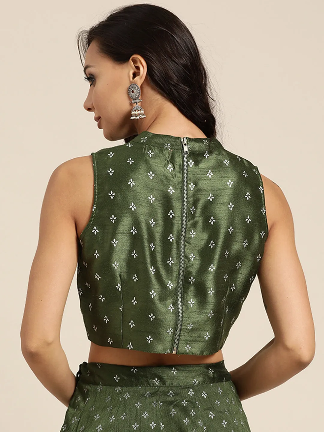 Women Dark Green Silver Foil Choker Neck Top