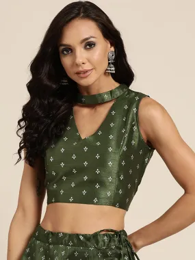 Women Dark Green Silver Foil Choker Neck Top