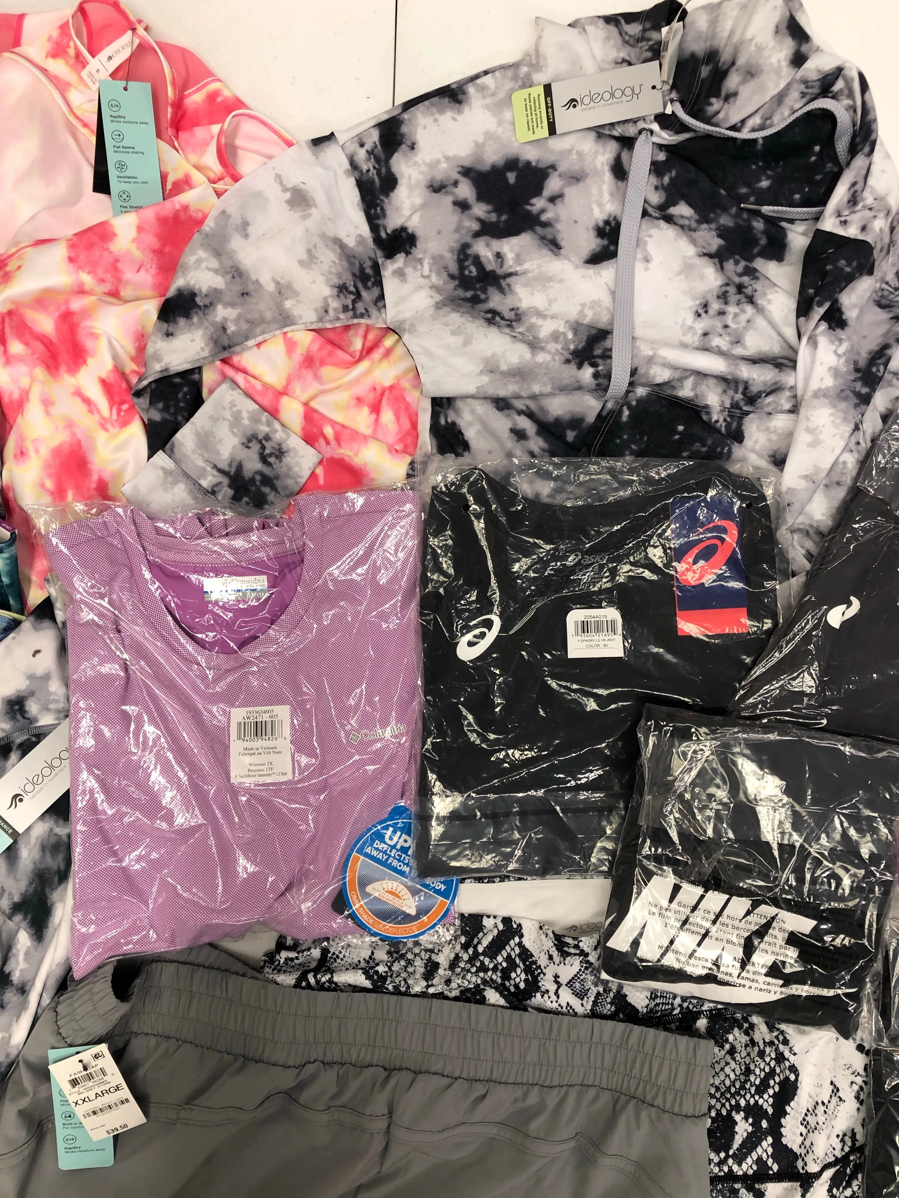 Women's Clothing Activewear Wholesale Lot, ASICS, COLUMBIA, NIKE, IDEOLOGY, 14 items, New, MSRP $531